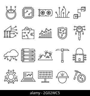 Cryptocurrency and miner set outline icon isolated on white background Stock Vector