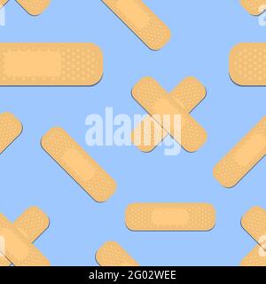 Seamless pattern with sticking plasters. Medical patch repeat texture. On blue background. Stock Vector