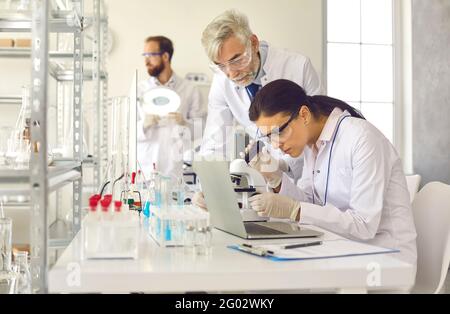 Scientist conducting experiment using microscope under supervisor control Stock Photo