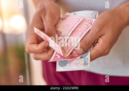 Turkish lira banknotes. The paper currency of Turkey. Current Turkish liras are issued by The Central Bank of the Republic of Turkey. High quality photo Stock Photo