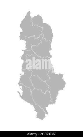 Vector isolated illustration of simplified administrative map of Albania. Borders of the provinces (regions). Grey silhouettes. White outline. Stock Vector