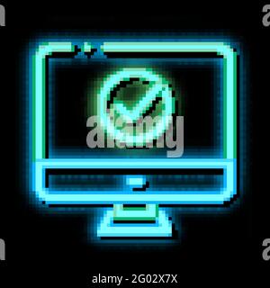 Computer Monitor And Approved Mark neon glow icon illustration Stock Vector