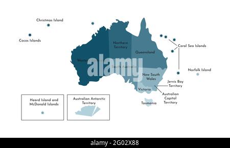 Vector isolated illustration of simplified administrative map of Australia. Borders and names of the regions. Colorful blue khaki silhouettes. Stock Vector