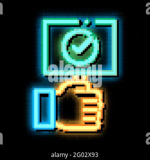 Hand Holding Tablet With Approved Mark neon glow icon illustration Stock Vector