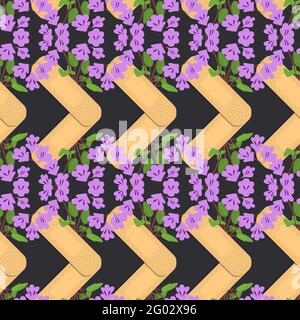 Seamless pattern with sticking plasters and purple flowers. Medical patch repeat texture. Stock Vector