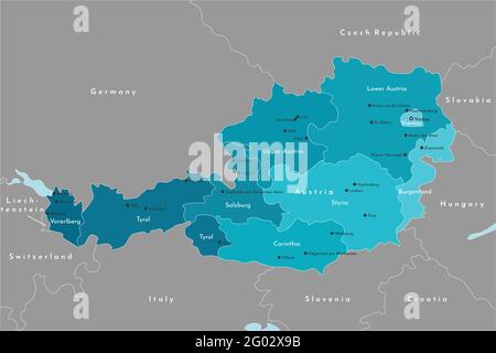 Vector modern illustration. Simplified administrative map of Austria. It is bordered by Germany, Czech Republic, Italy, Switzerland and etc. Names of Stock Vector