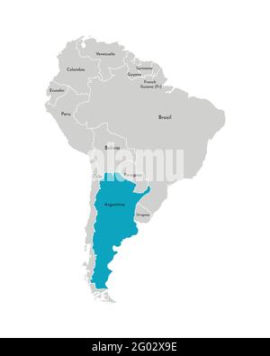 Vector illustration with simplified map of South America continent with blue contour of Argentina. Grey silhouettes, white outline of states' border. Stock Vector