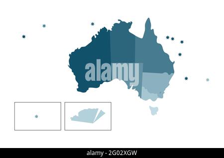 Vector isolated illustration of simplified administrative map of Australia. Borders of the regions. Colorful blue khaki silhouettes. Stock Vector