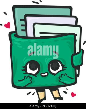 Wallet in the form of a kawaii character with cards. Green wallet with eyes, arms and legs in awe of the contents. Vector. Illustration for investment Stock Vector