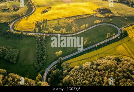 Aerial view of a curvy road through the Masurian landscape at the sunset