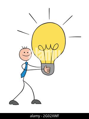 Stickman businessman character walking and carrying a light bulb idea, vector cartoon illustration. Black outlined and colored. Stock Vector