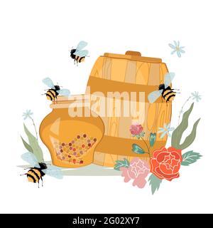 Honey in jar and barrel with flowers and bees. Decorative composition for beekeeping products and honey market, flat vector illustration isolated on w Stock Vector
