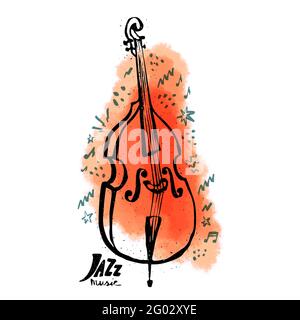 Hand-drawn contrabass. Jazz music concept. Ink style vector illustration with a red watercolor stain on white background Stock Vector