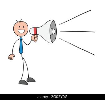 Stickman businessman character announcing using a megaphone, vector cartoon illustration. Black outlined and colored. Stock Vector