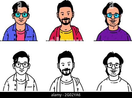 Young people avatars in minimalistic style. Botanists, geeks and hipsets, brand characters for the logo. Vector. Fashionable modern style. The image i Stock Vector