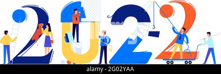 Office staff are preparing to meet the new year 2022. Vector illustration. Cartoon characters repair the numbers. Image is isolated on white backgroun Stock Vector