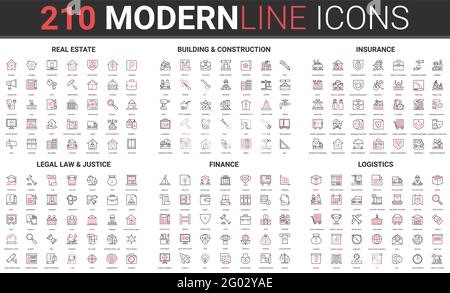 Real estate building and house construction, life damage insurance, justice legal law judicial system line icon vector illustration set. Red black thin linear finance symbols, logistics delivery Stock Vector