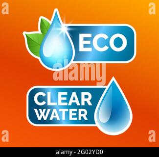 Laundry sticker icons set, laundry detergent, washing machine - eco cleaning and water softening, quality improvement. Blue water drops with leaves ve Stock Vector