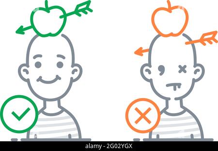 Icon of men with apples on their heads. Arrow targets. Negative and positive message. Vector. The image is isolated on a white background. Stock Vector