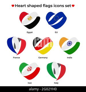 Heart shaped flags icons set. Icon flag from Ribbon curls. Vector icon, symbol, button. Illustration in flat style Stock Vector