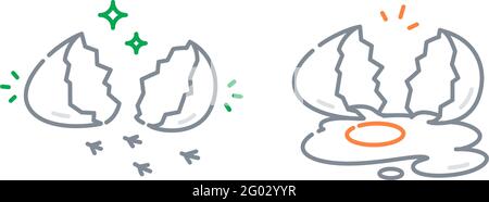 Broken chicken egg icon. Negative and positive metaphor. Vector. The image is isolated on a white background. Stock Vector