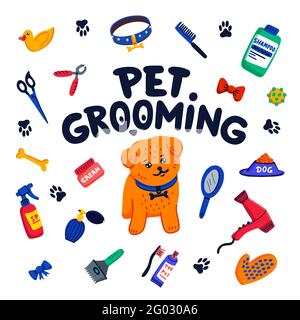 Pet grooming concept. Happy little dog, pet grooming lettering, and goods for grooming on white background. Dog care, grooming, hygiene, health. Stock Vector