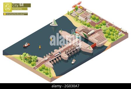 Vector isometric tidal power plant or station Stock Vector