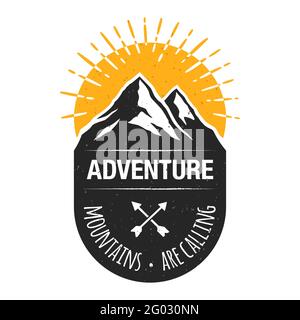 Sunrise in mountains vector travel badge, isolated on background. Stock Vector