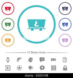Litecoin criptocurrency mining flat color icons in circle shape outlines. 12 bonus icons included. Stock Vector