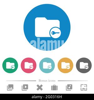 Secure directory flat white icons on round color backgrounds. 6 bonus icons included. Stock Vector