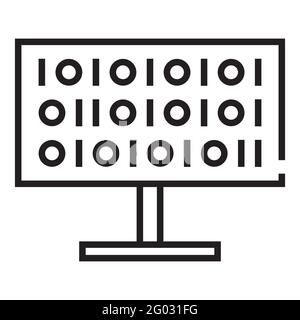 Computer with cryptocurrency mining code outline icon isolated on white background Stock Vector