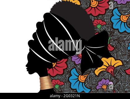 Banner portrait African woman in traditional turban. Tribal motif wedding flowers background, Kente head wrap. African ethnic necklace, black women Stock Vector