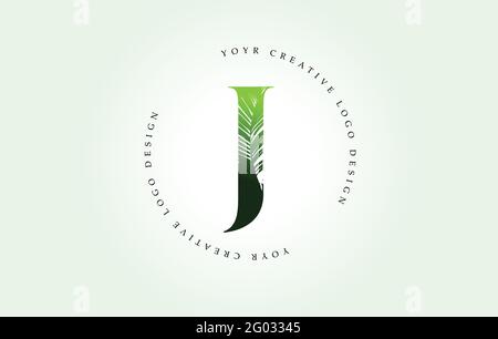Exotic Letter J Logo with Palm Tree Leaf Pattern Texture Design Logo Icon. Creative Palm Tree Letter Logo with Modern Leafs Organic Natural Bio Idea. Stock Vector