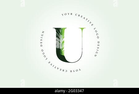 Exotic Letter U Logo with Palm Tree Leaf Pattern Texture Design Logo Icon. Creative Palm Tree Letter Logo with Modern Leafs Organic Natural Bio Idea. Stock Vector