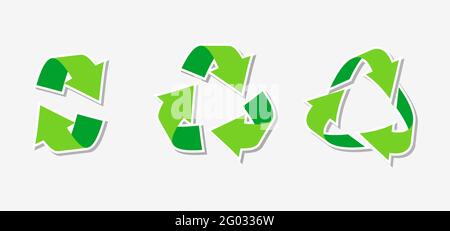 Paper sticker eco friendly green triangular recycling symbol. Rotate circle arrow icon. Rotation, infographics element for website, app. Logo for using recycled resources. Isolated vector illustration Stock Vector