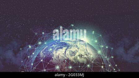 Global data communication network around planet Earth viewed from space ...