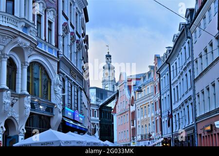 Old Town of Riga, street buildings and Old Riga Town Hall clock tower view, Riga, Latvia (2020) Stock Photo