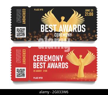 Ceremony event admission tickets with golden statuette of beautiful woman with wings, torn-off part with place and seat Stock Vector