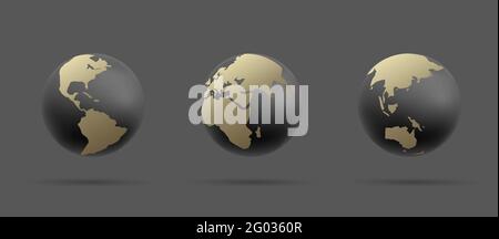 Set of Earth globe icons, 3d stylized illustration of sphere in black and gold colors Stock Vector
