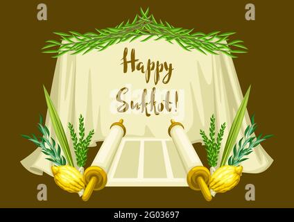 Happy Sukkot greeting card. Holiday background with Jewish festival traditional symbols. Stock Vector