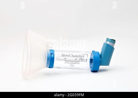 Aero Chamber and Salbutamol inhaler. Stock Photo