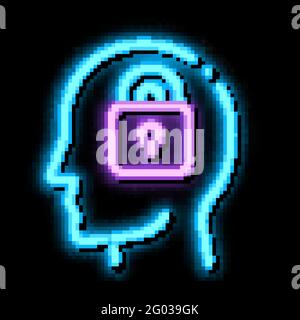 Locked Padlock In Man Silhouette Mind neon glow icon illustration Stock Vector