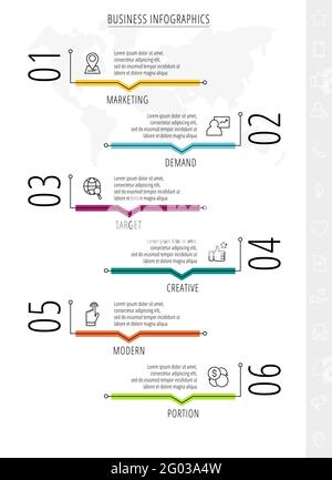 Modern and line vector infographics with six steps. 6 icons with thin lines for the app, website, interface, chart, levels, web, diagram, banner Stock Vector
