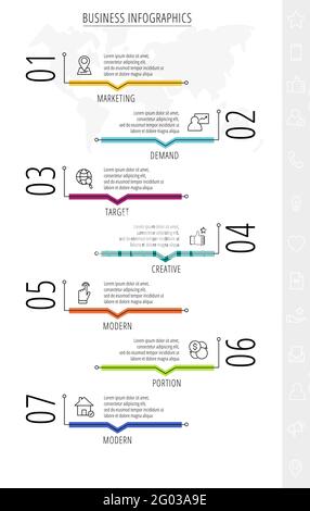 Modern and line vector infographics with seven steps. 7 icons with thin lines for the app, website, interface, chart, levels, web, diagram, banner Stock Vector