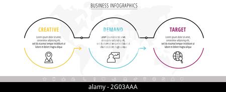 Vector line infographics template for 3 colorful arrows and circles. Business concept with three elements and icons. Modern blank space for chart Stock Vector