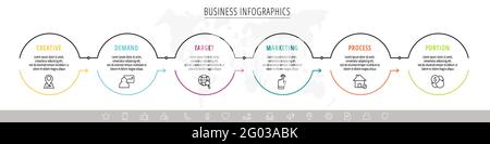 Vector infographics six circles with arrows. Line business concept of 6 steps, options. Infographic template for diagram, web, banner, presentations Stock Vector