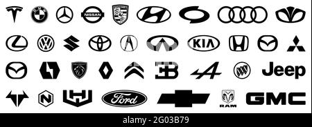 Vinnytsia, Ukraine - May 30, 2021: Big set of car brand logo. Top automotive industry leaders. Black automobile emblems sign. Editorial vector Stock Vector