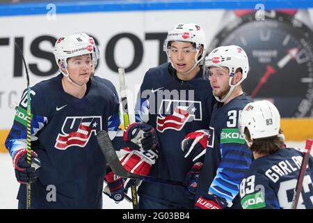 31.05.2021, Riga, Arena Riga, United States vs Germany (2021 IIHF Ice  Hockey World Championship), #53 Moritz Seider (Germany) hit on #16 Ryan  Donato (United States) (Photo by Jari Pestelacci/Just Pictures/Sipa USA  Stock