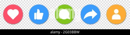 Collection of social media icons. Heart, like or love, comment, friend and share. Design for web and mobile app. Vector isolated on transparent backgr Stock Vector