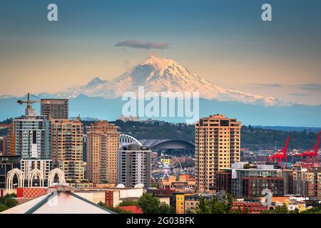 Mt. Rainier viewed from over the skyline of  Seattle, Washington, USA. Stock Photo
